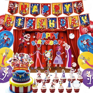May include: A colourful birthday party set with a banner saying "HAPPY BIRTHDAY", balloons, a cake, and cupcakes. The decorations have a cartoon theme with vibrant characters and designs. The cake is blue and yellow.