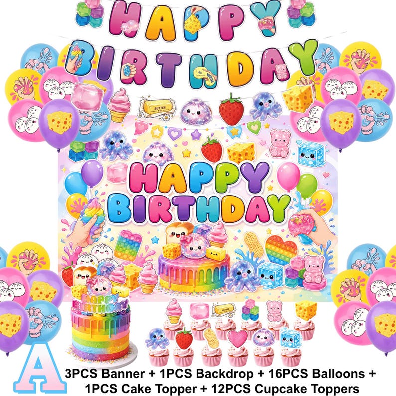 Colorful Squishy-themed Birthday Party Decoration Kit With Banner ...