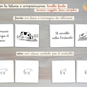 May include: A set of educational cards for reading and comprehension featuring simple Italian phrases and black and white illustrations of a cow eating hay and a horse jumping an obstacle. The cards include matching text and image pairs.