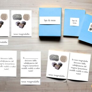 Può includere: Un'esposizione educativa con campioni di roccia e schede informative. Le schede mostrano il testo "rocce magmatiche" e "tipi di rocce". Sono presenti anche diverse scatole azzurre.