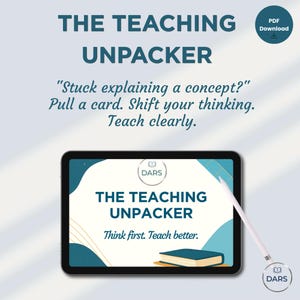 Op de afbeelding: Digitale afbeelding die "The Teaching Unpacker" promoot met de tekst: "Vast bij het uitleggen van een concept? Trek een kaart. Verander je manier van denken. Geef duidelijk les." Een tablet toont het productlogo en de tekst "Denk eerst. Geef beter les."