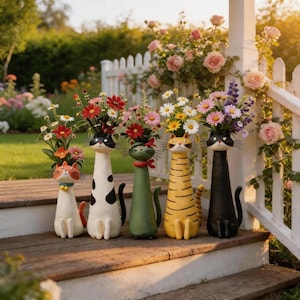 Könnte beinhalten: Fünf dekorative Vasen in Katzenform, jede gefüllt mit bunten Blumen. Die Vasen sind in verschiedenen Stilen bemalt, darunter weiß mit schwarzen Punkten, grün, gelb mit Streifen und schwarz. Sie stehen auf einer Holzstufe, mit einem weißen Zaun im Hintergrund.