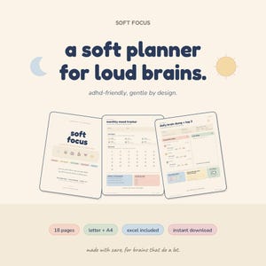 Könnte beinhalten: Ein digitaler Planer mit dem Text "a soft planner for loud brains." Der Planer enthält Seiten für einen monatlichen Stimmungstracker und ein tägliches Brain-Dump. Das Design ist adhs-freundlich und sanft. Der Planer ist in Letter + A4-Größe erhältlich und enthält Excel-Dateien.