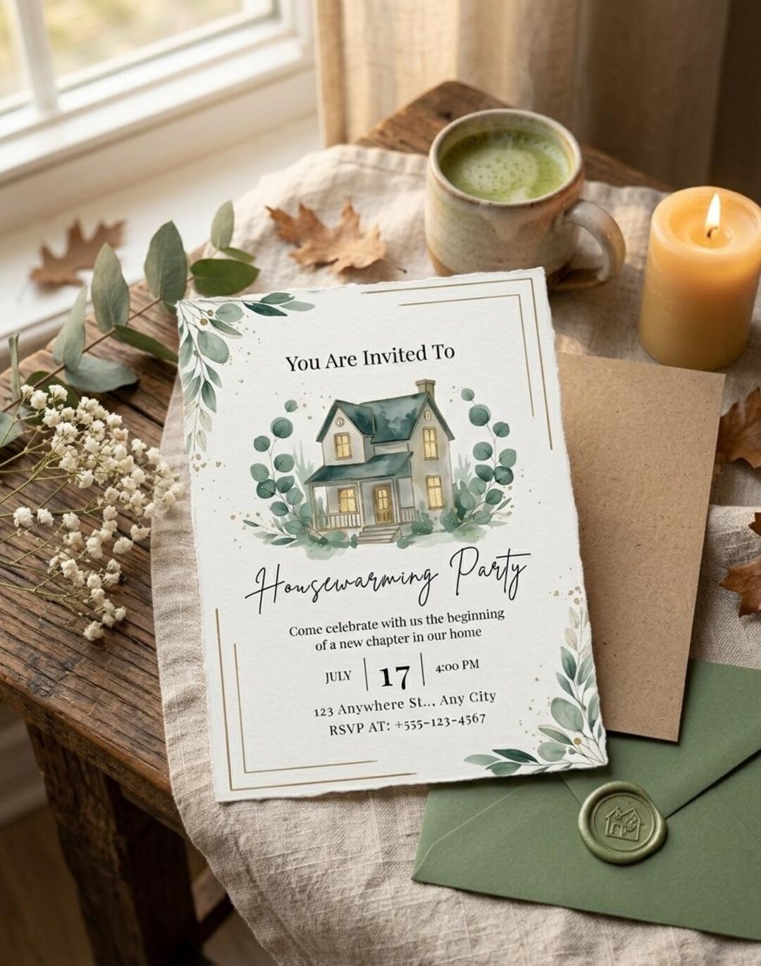 Editable Sage Green Watercolor Housewarming Invitation Template ...