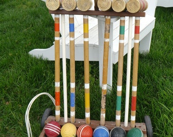 Vintage Wooden Six-Player Croquet Set in Rolling Cart. Includes Wickets and Stakes. Great Patina!