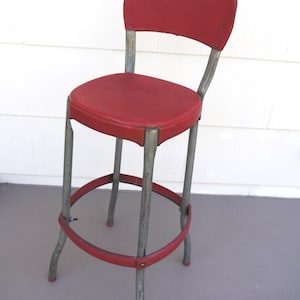 Vintage Cosco Red Metal Stool – Mid Century Industrial Counter Stool with Back
