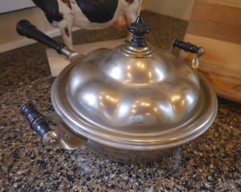 Manning Bowman Nickel Silver Double Boiler | Covered Serving Dish with Bakelite Handles | 1920s–1940s Kitchenware