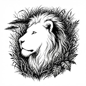 May include: Black and white illustration of a lion's profile, surrounded by detailed foliage. The lion's mane is depicted with flowing lines, and the artwork includes various plants and grasses, creating a naturalistic scene.