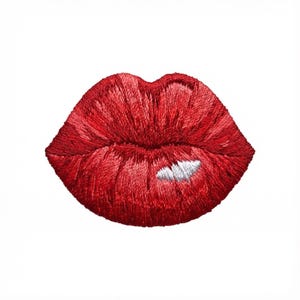 May include: Embroidered patch featuring a pair of red lips with a glossy highlight. The lips are a vibrant red color, with detailed stitching creating texture and depth. The patch is designed to be ironed on or sewn onto fabric.
