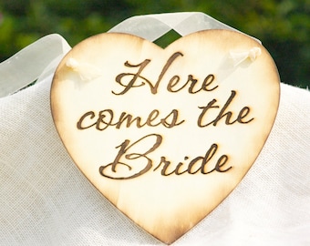 Personalized Burned Engraved Wooden Rustic Chic Heart Wedding Sign-Flower Basket/Ring Bearer Alternative-Here comes the Bride-Heart Sign