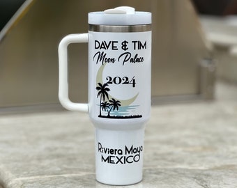 Dave And Tim ~ Mexico 2024 ~ Moon ~ Palm Trees ~  Tumbler~Vacuum Insulated Mug w/Lid  and Straw ~ DMB