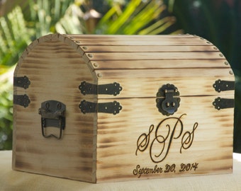 Medium Rustic Wedding Card Box - Monogram Treasure Chest - Burned/Engraved - Personalized Rustic Card Box - Torched and hand Burned/Engraved