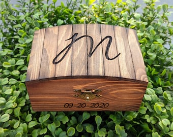 Personalized Rustic Ring Bearer Box - Stained - Burned/Engraved - Monogram - Ring Bearer Pillow Alternative/Keepsake - Country Chic/Woodland