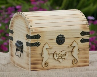 Beach Wedding Card Box-Treasure Chest-Burned/Engraved Seahorse Banner-Torched Beach Chic Card Box - Rustic Wedding Card Box