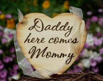 Personalized Burned Engraved Wooden Rustic Chic Heart Wedding Sign-Flower Basket/Ring Bearer Alternative-Here comes the Bride-Heart Sign