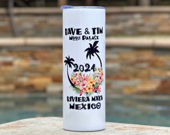 Dave And Tim in Mexico 2024 ~ 20 oz. Travel Mug ~ Floral ~ Palm ~ Vacuum Insulated with Lid and Straw