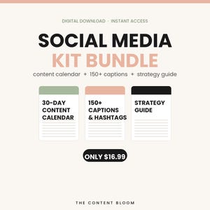 May include: A digital download graphic with the text "SOCIAL MEDIA KIT BUNDLE" in black and pink. It includes a 30-day content calendar, 150+ captions & hashtags, and a strategy guide. The background is light pink.