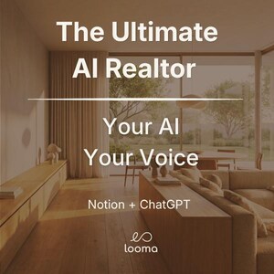 May include: A modern living room interior with large windows and natural light. Text overlay reads "The Ultimate AI Realtor, Your AI, Your Voice, Notion + ChatGPT." The looma logo is at the bottom.