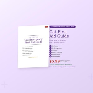 Puede incluir: Una guía PDF blanca titulada "The Essential Cat Emergency First Aid Guide" y "Cat First Aid Guide" con una lista de temas y el texto "Every Cat Owner Needs This". La guía está sobre un fondo morado claro.