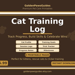 Könnte beinhalten: Ein braunes digitales Dokument mit dem Titel Cat Training Log und Pfotenabdruck-Grafiken. Es listet Abschnitte für Cat Profile, Training Goals, Session Logs, Trick Tracker, Progress Notes und Milestones auf. Der Text enthält GoldenPawsGuides.