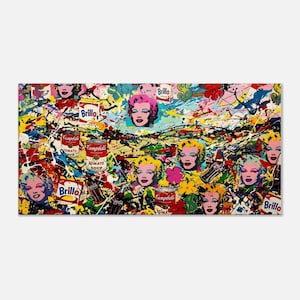May include: A rectangular wall art print featuring a vibrant, multi-coloured paint splatter background. The composition includes repeated portraits of Marilyn Monroe, red and white Campbell's soup cans, Brillo boxes, and green dollar signs.