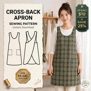 Apron Sewing Pattern PDF, Cross Back Japanese Pinafore Apron, Plus Size Beginner Pattern Women XS-4XL, Instant Download Printable