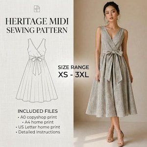 Könnte beinhalten: Heritage Midi Schnittmuster mit einer Zeichnung eines Midikleides mit V-Ausschnitt und Schleife. Die Größen sind XS-3XL. Das Bild zeigt auch eine Frau in einem ähnlichen gestreiften Midikleid.