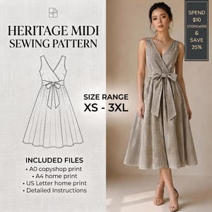 Midi Dress Sewing Pattern PDF, V Neck A Line Dress with Waist Bow, Beginner Sewing Pattern Women XS-3XL, Instant Download A0 A4 US Letter