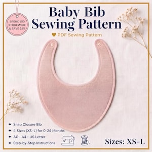 Baby Bib Sewing Pattern PDF, Snap Closure Bib 4 Sizes 0-24 Months, Beginner Baby Shower Gift, Instant Download Printable