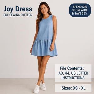 Sundress Sewing Pattern PDF, Drop Waist Sleeveless Summer Dress, Gathered Skirt Piping Neckline, Beginner Pattern XS-XL Instant Download