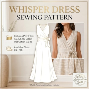 Könnte beinhalten: Ein Schnittmuster für das Whisper-Kleid, das ein Wickelkleid-Design mit einer Schleife zeigt. Das Bild enthält den Text "Whisper Dress Sewing Pattern", die verfügbaren Größen XS-3XL und PDF-Dateiformate. Ein Foto des Kleides ist ebenfalls enthalten.
