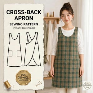 Cross Back Apron Sewing Pattern PDF • Japanese Pinafore No Tie • Beginner Apron Pattern Women • Plus Size XS-4XL • Instant Download