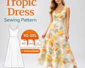 Maxi Dress Sewing Pattern PDF | Easy Summer Dress Pattern | V Neck A Line Dress | XS-2XL | Tropical Dress Pattern