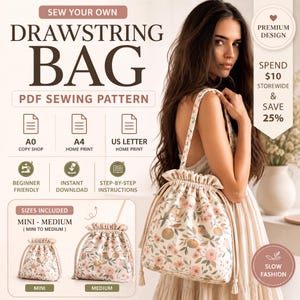 Drawstring Bag Sewing Pattern PDF, Ruffle Shoulder Bag Pattern, Beginner Bucket Bag Sewing Tutorial, Instant Download A0 A4 US Letter