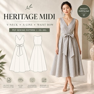 May include: A PDF sewing pattern for a Heritage Midi dress featuring a V-neck, A-line skirt, and waist bow. The pattern includes sizes XS-3XL, illustrated instructions, and is compatible with A0, A4, and US Letter paper for beginner to intermediate sewers.