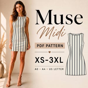 May include: A sleeveless, striped mini dress in cream and gray, with a matching illustration. The text reads "Muse Midi PDF Pattern XS-3XL". The model is wearing the dress and standing in front of a beige background.