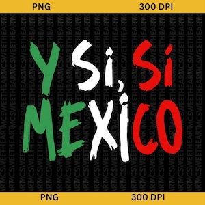 May include: A graphic design featuring the text Y SI, SÍ MEXICO in a brushstroke font. The letter Y and the word MEXICO are green, the letters SI and SÍ are white, and the word MEXICO is red. The background is black with repeating text.