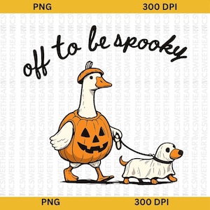 May include: A digital illustration featuring a white goose wearing an orange pumpkin costume and a small brown dog wearing a white ghost sheet costume. The goose holds a black leash attached to the dog. The text reads off to be spooky.