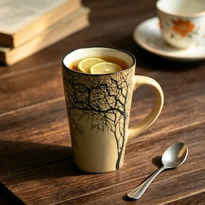 May include: A tall, beige ceramic mug featuring a black silhouette of bare tree branches wrapping around the exterior. The mug is filled with tea and two thin slices of lemon floating on the surface. A small silver spoon rests nearby.