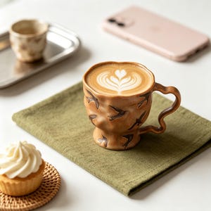 May include: A tan ceramic mug with a wavy, irregular rim and a curved handle, featuring dark brown bird silhouettes embossed on the surface. The mug is filled with a latte topped with a heart-shaped foam design, resting on a textured olive green cloth.