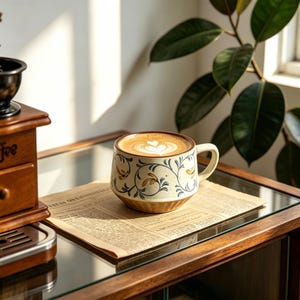 May include: A ceramic mug with a speckled cream base and a blue and yellow floral vine pattern, filled with coffee featuring a heart-shaped latte art design. The mug has a wide, tapered shape and a single handle, resting on a piece of printed paper.