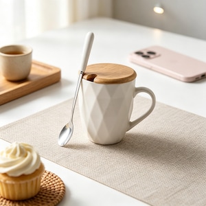 Puede incluir: Una taza de cerámica blanca con una superficie de patrón geométrico de diamantes, que incluye una tapa redonda de madera con una pequeña muesca y una cuchara de metal larga y delgada con mango blanco apoyada en el lateral sobre un mantel beige.