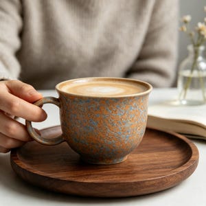 Può includere: Una tazza in ceramica con smalto maculato arancione e blu riempita di latte macchiato, appoggiata su un vassoio circolare in legno. La tazza presenta un corpo arrotondato e un manico curvo, con una finitura testurizzata su tutta la superficie.