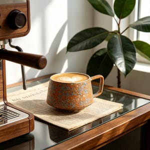Könnte beinhalten: Ein Keramikbecher mit einer texturierten, gesprenkelten orange-blauen Glasur, gefüllt mit einem Latte mit herzförmiger Milchschaumkunst. Der Becher hat einen breiten, konischen Boden und einen rechteckigen Henkel und steht auf einer Zeitung.