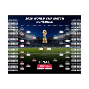 Pode incluir: Um calendário de jogos da Copa do Mundo de 2026, com um troféu dourado no centro. O texto "2026 WORLD CUP MATCH SCHEDULE" está no topo. A palavra "FINAL" é exibida com a data e hora: DOM, 19 DE JULHO - 3PM ET / 12PM PT.