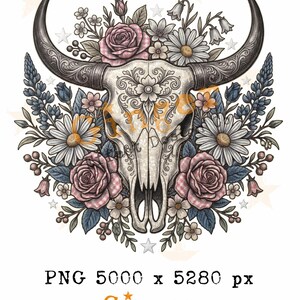 Calavera de vaca occidental PNG, diseño de calavera de toro floral, diseño de camisa western bohemia, efecto vichy, estilo parche vaquero gráfico campestre