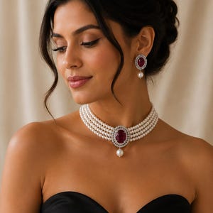May include: A pearl necklace and earring set. The necklace has multiple strands of pearls with a large, oval, ruby-coloured stone pendant. The earrings have a matching ruby-coloured stone and pearl drop. The jewellery is set in a silver or white metal.