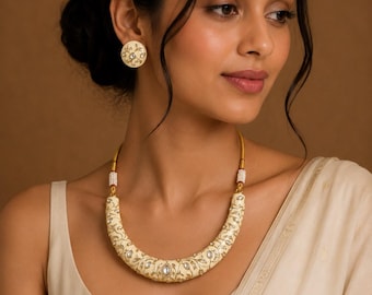 Set di collana vistosa color avorio, gioielli da sposa boho color oro, orecchini con perline color crema