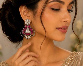 Pendientes de novia de lujo, joyería Kundan de cuarzo rosa, pendientes llamativos para bodas.