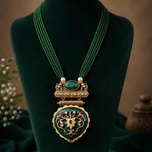 May include: An elaborate gold necklace with a green pendant and multiple strands of green beads. The pendant has a large green stone, detailed gold work, and small white gems. The necklace is displayed on a green velvet bust.